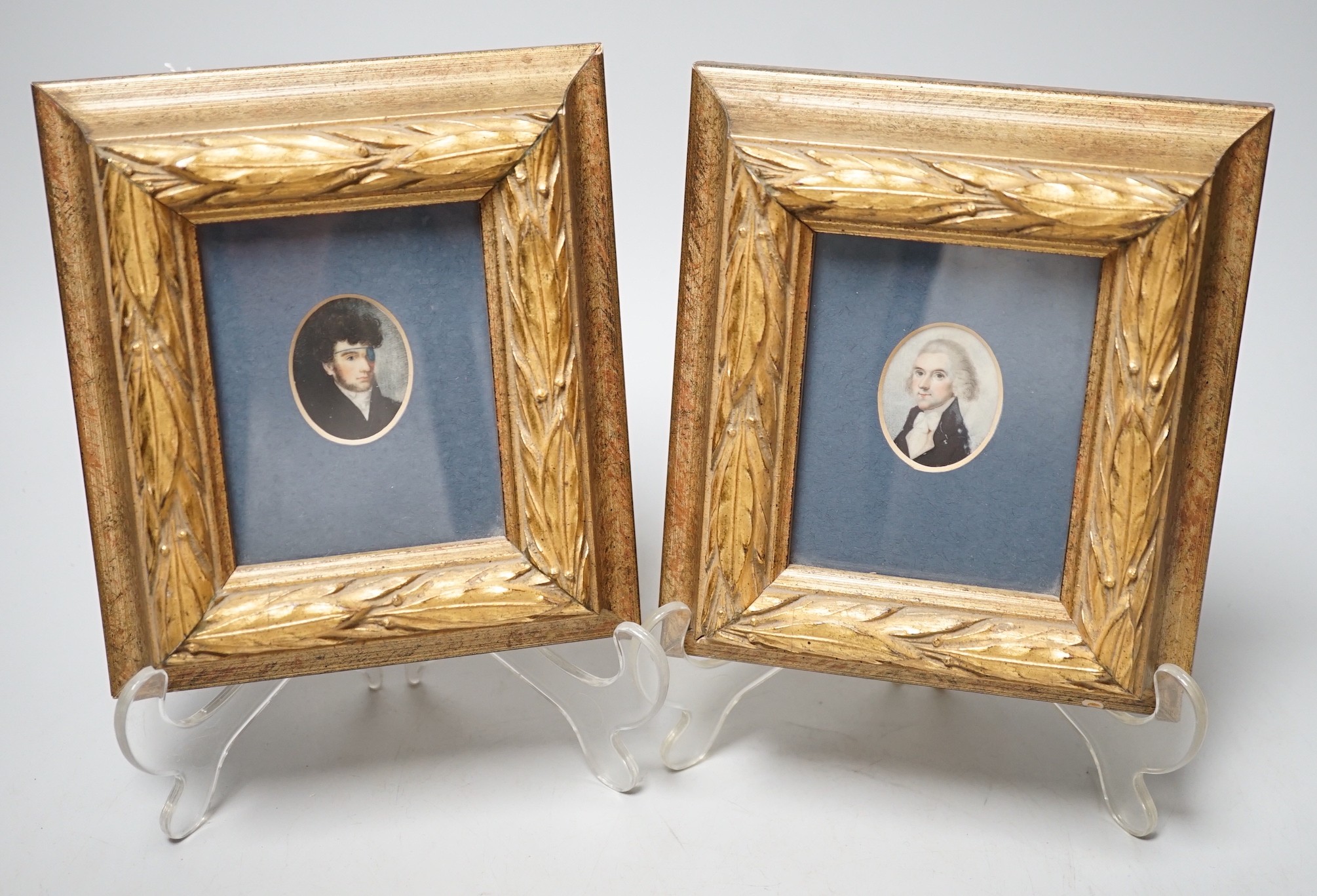 English School, late 18th century, two portrait miniatures on ivory, Portraits of gentleman, framed
